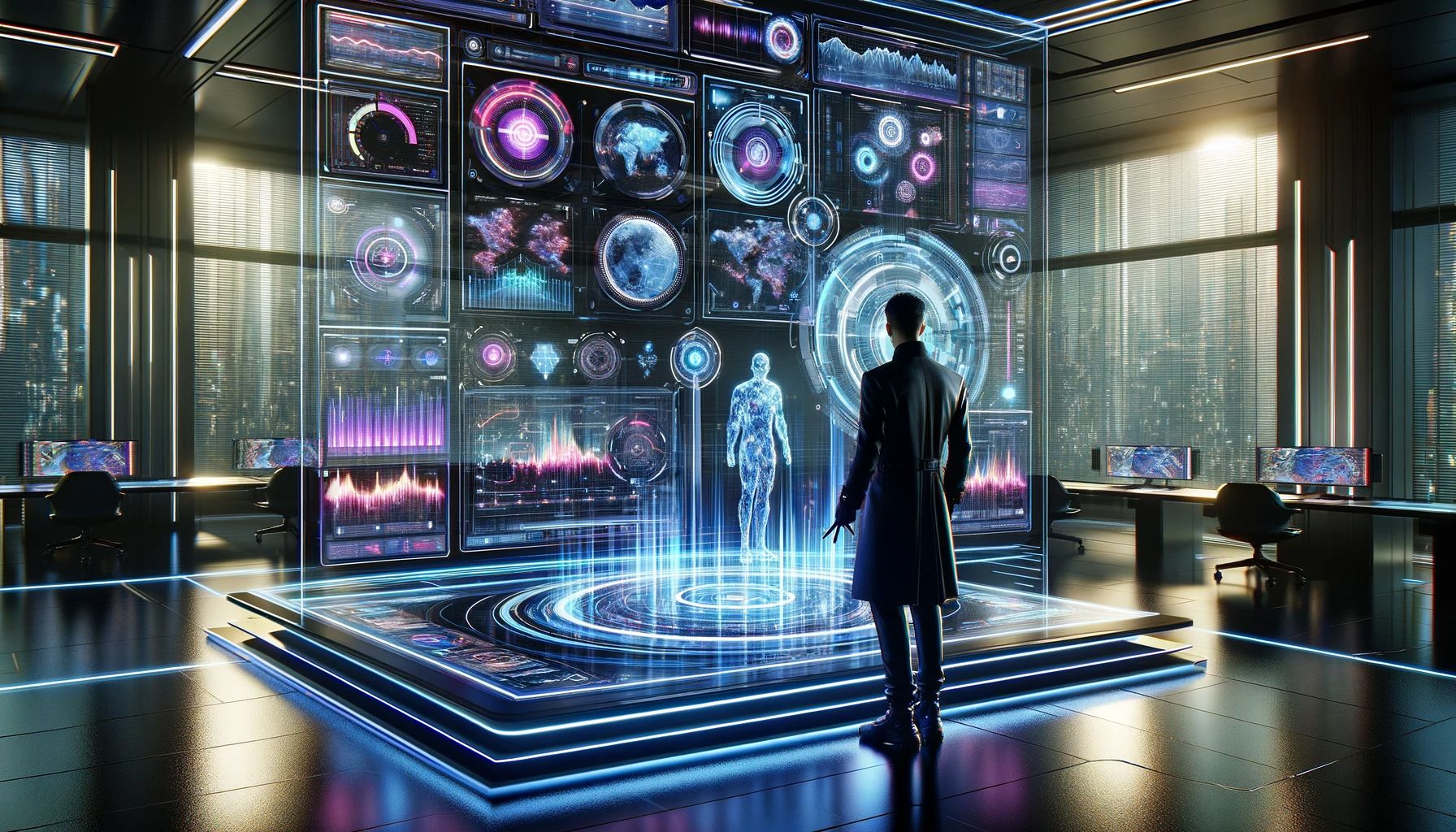 A person in front a futuristic panel showing multiples graphs and data.